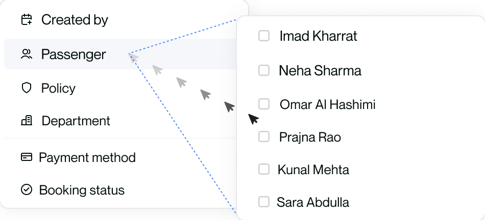 Two dotted lines from the active row to the open panel's corners form a cone; a diagonal pointer path travels inside it toward a name in the second panel